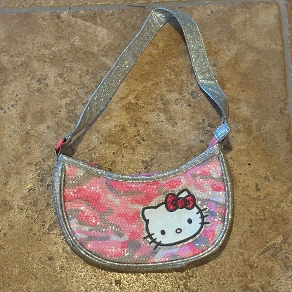 SANRIO Hello Kitty Pink and Silver Camo Print Sequin Kids Bag 4-1/2”x8”